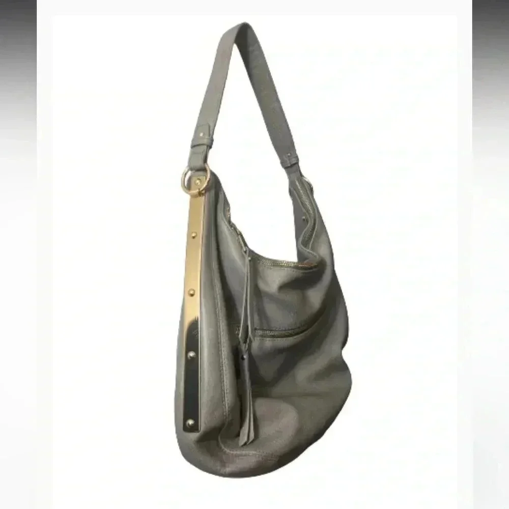 MMS HOBO VEAGAN LEATHER BAG TAUPE GRAY GOLD HARDWARE ZIPPER CLOSURE MEDIUM‎ SIZE